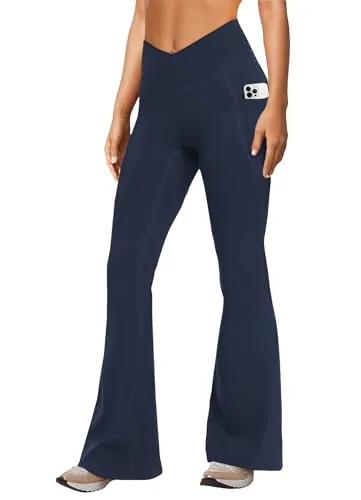 DLOODA Crossover Yoga Flare Leggings Seamless Front, with Pockets, Navy