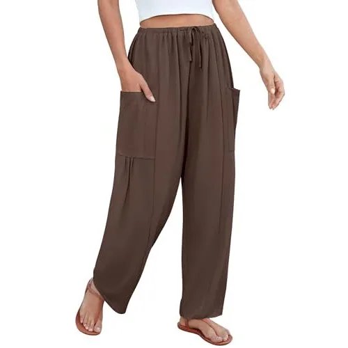 DLOODA Work Flowy Palazzo Pants with Pockets, Coffee, view 2