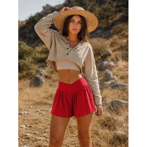 DLOODA High Waist Yoga Flowy Shorts with Pockets, Red, view 4