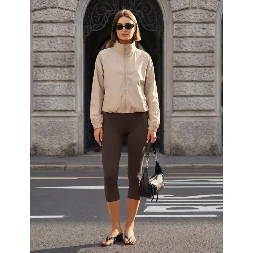 DLOODA High Waist Yoga Capri Leggings with Pockets, Tummy Control, Brown, view 3