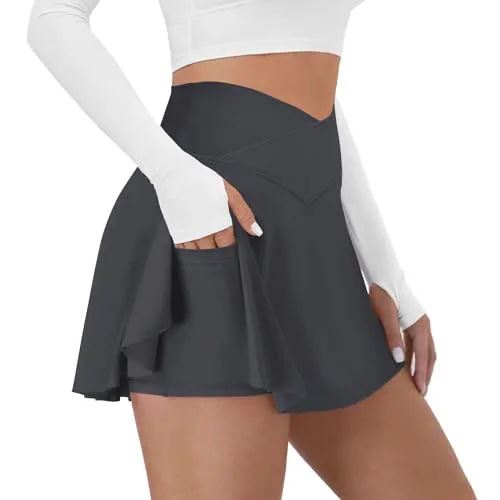 DLOODA High Waist Tennis Skirt Crossover, Dark Grey