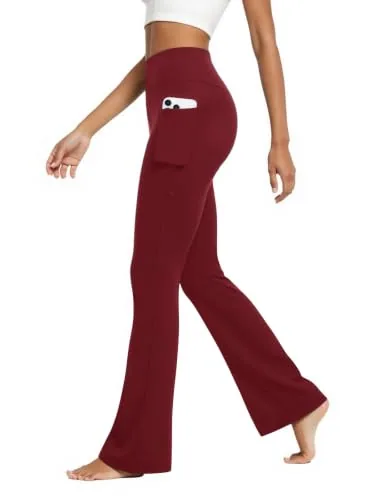 DLOODA High Waist Yoga Flare Leggings with Pockets, Burgundy