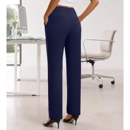 DLOODA High Waist Work Straight Leg Pants with Pockets, Navy, view 2