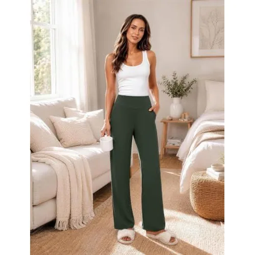 DLOODA High Waist Yoga Wide Leg Pants with Pockets, Olive Green, view 4