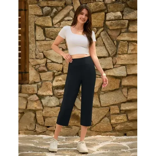 DLOODA High Waist Yoga Cropped Capri Pants with Pockets, Black, view 3