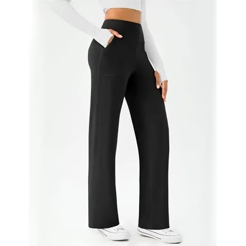 DLOODA High Waist Yoga Wide Leg Pants with Pockets, Black, view 6