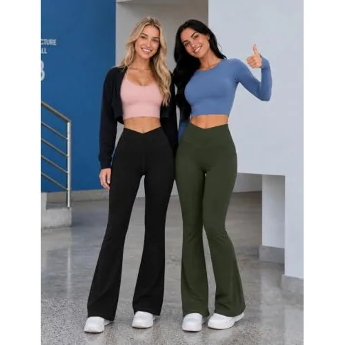 DLOODA High Waist Yoga Flare Leggings Crossover, with Pockets, Army Green, view 4