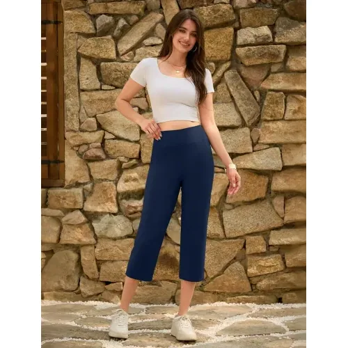 DLOODA High Waist Yoga Cropped Capri Pants with Pockets, Navy, view 3