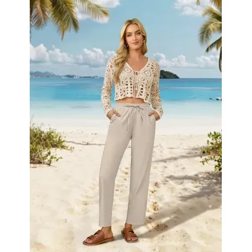 DLOODA High Waist Work Linen Dress Pants, Khaki, view 3