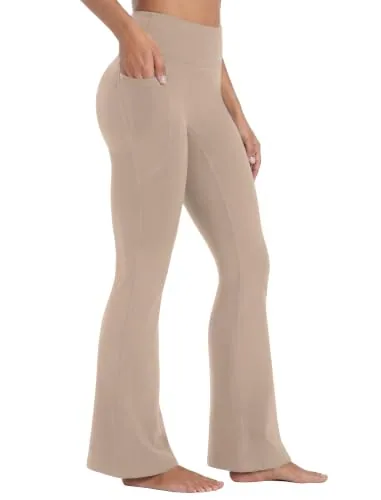 DLOODA High Waist Yoga Flare Leggings with Pockets, Deep Khaki