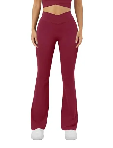 DLOODA High Waist Yoga Bootcut Pants Crossover, with Pockets, Wine Red
