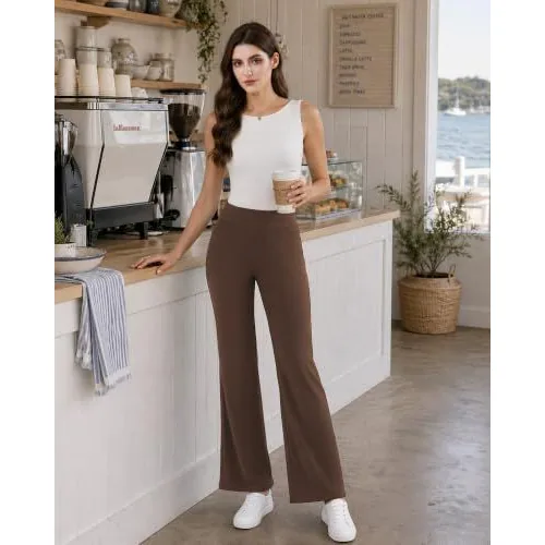 DLOODA High Waist Work Flare Pants with Pockets, Brown, view 4