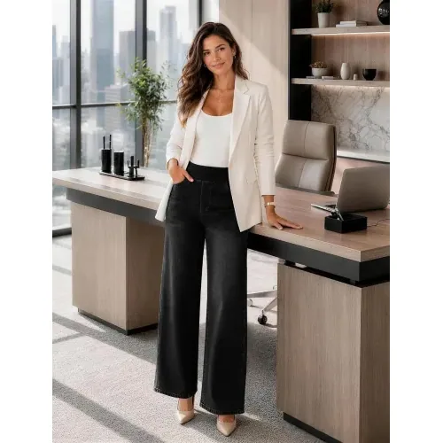 DLOODA High Waist Denim Wide Leg Jeans, Black, view 3