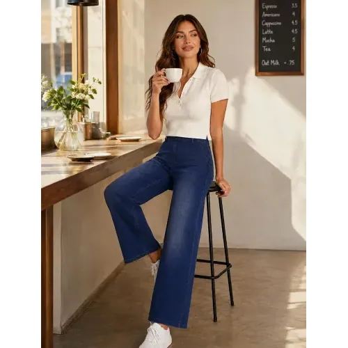 DLOODA High Waist Lounge Wide Leg Jeans, Dark Blue, view 3