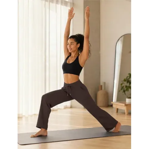 DLOODA High Waist Yoga Wide Leg Pants with Pockets, Brown, view 3