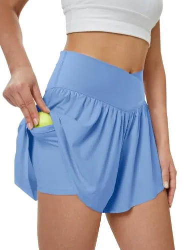 DLOODA High Waist Yoga Flowy Shorts with Pockets, Blue
