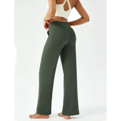 DLOODA High Waist Yoga Wide Leg Pants with Pockets, Olive Green, view 2