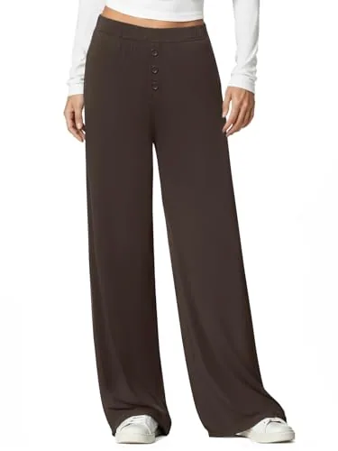 DLOODA High Waist Lounge Flowy Wide Leg Pants with Pockets, Brown