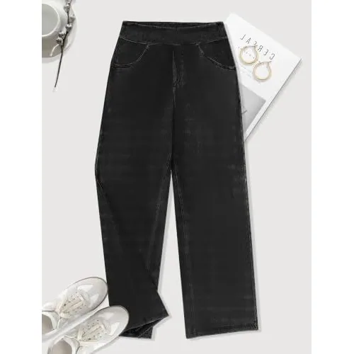 DLOODA High Waist Lounge Denim Wide Leg Jeans, Black, view 4