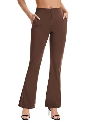 DLOODA High Waist Work Bootcut Pants with Pockets, Brown