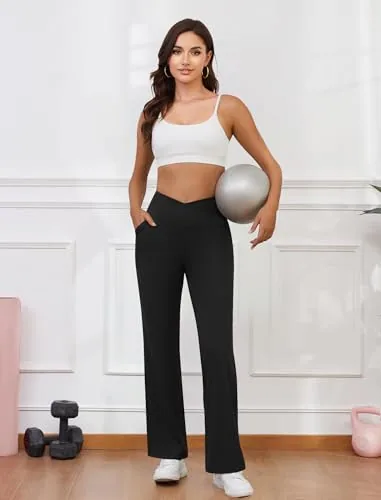 DLOODA High Waist Yoga Wide Leg Pants Crossover, with Pockets