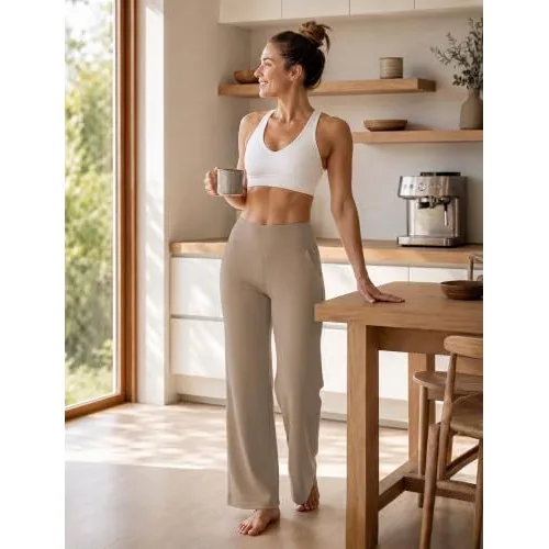 DLOODA High Waist Yoga Wide Leg Pants, Dark Khaki, view 4