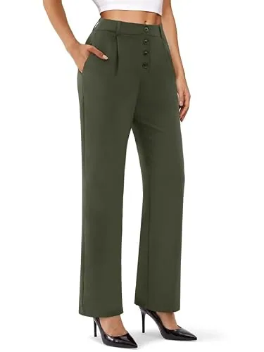 DLOODA High Waist Work Wide Leg Pants, Army Green