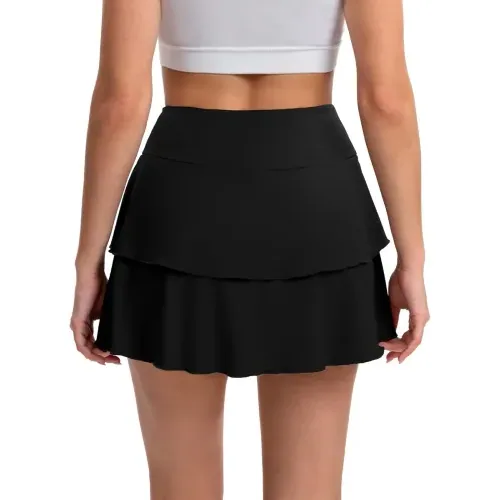 DLOODA High Waist Tennis Double Ruffle Skort with Pockets, Black, view 2