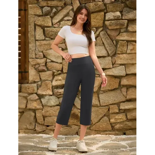 DLOODA High Waist Yoga Cropped Capri Pants with Pockets, Dark Grey, view 3