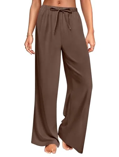 DLOODA High Waist Work Linen Palazzo Pants, Brown