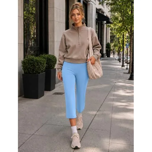 DLOODA High Waist Yoga Cropped Capri Pants with Pockets, Light Blue, view 5