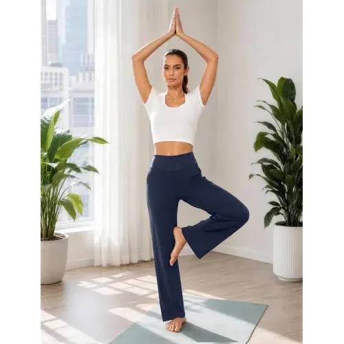 DLOODA High Waist Yoga Wide Leg Pants with Pockets, Navy, view 3