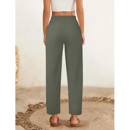 DLOODA High Waist Work Linen Dress Pants, Green, view 2