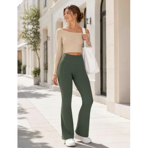 DLOODA High Waist Yoga Flare Leggings with Pockets, Army Green, view 3