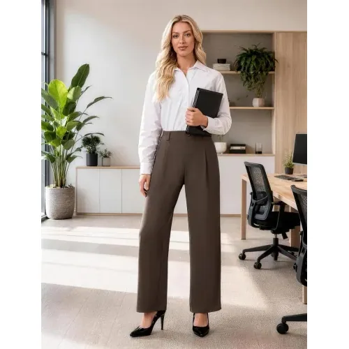 DLOODA High Waist Work Wide Leg Pants, Brown, view 3