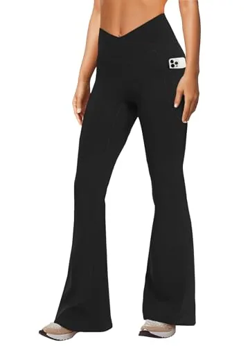 DLOODA Crossover Yoga Flare Leggings Seamless Front, with Pockets, Black