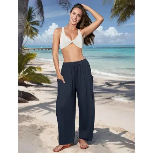 DLOODA Work Flowy Palazzo Pants with Pockets, Navy, view 3
