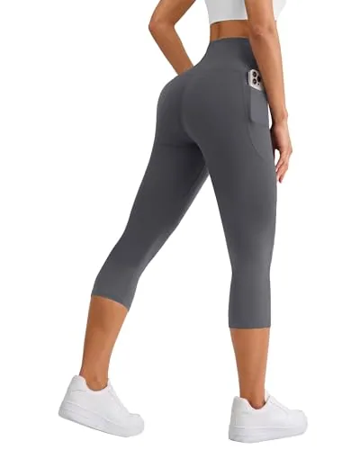 DLOODA High Waist Yoga Capri Leggings with Pockets, Tummy Control, Dark Grey