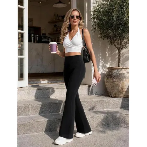 DLOODA High Waist Yoga Flare Leggings Seamless Front, Black, view 3