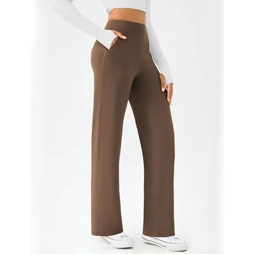 DLOODA High Waist Yoga Wide Leg Pants with Pockets, Brown, view 6