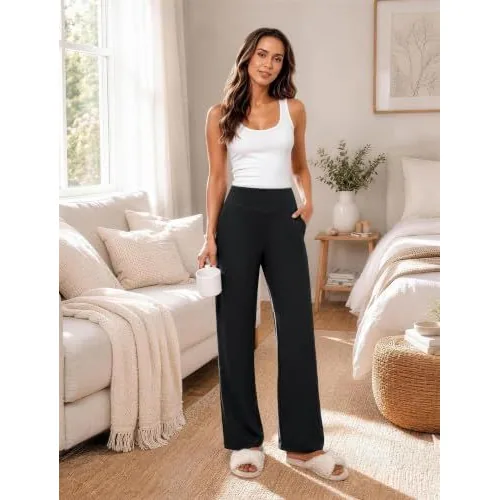 DLOODA High Waist Yoga Wide Leg Pants with Pockets, Black, view 4
