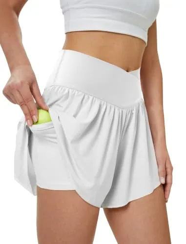 DLOODA High Waist Yoga Flowy Shorts with Pockets, White