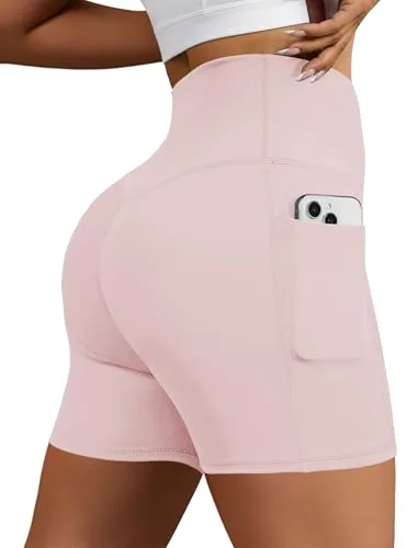 DLOODA High Waist Yoga Biker Shorts with Pockets, Tummy Control, Pink