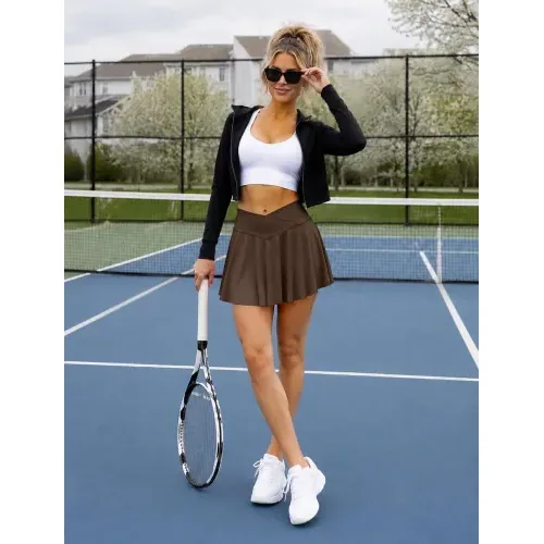 DLOODA High Waist Tennis Skort Crossover, with Pockets, Brown, view 3