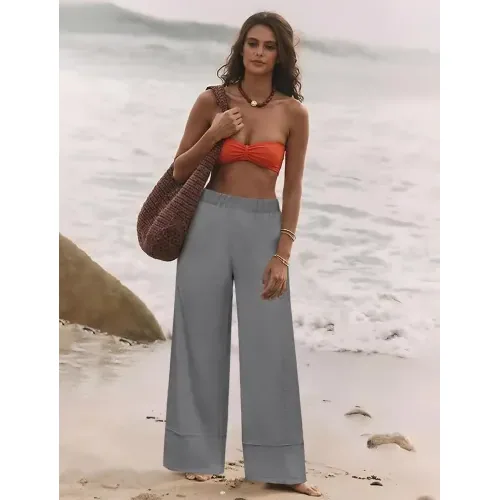 DLOODA High Waist Linen Palazzo Pants with Pockets, Grey, view 3