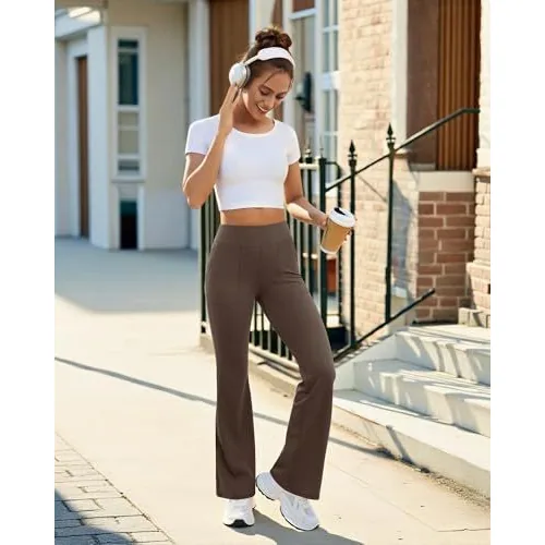 DLOODA High Waist Yoga Bootcut Pants with Pockets, Brown, view 5