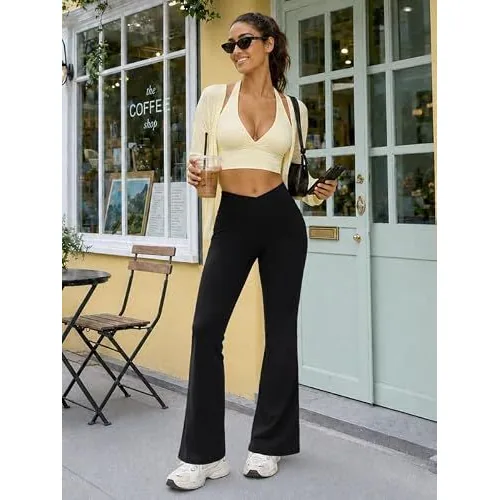 DLOODA High Waist Yoga Flare Leggings Crossover, with Pockets, Black, view 5