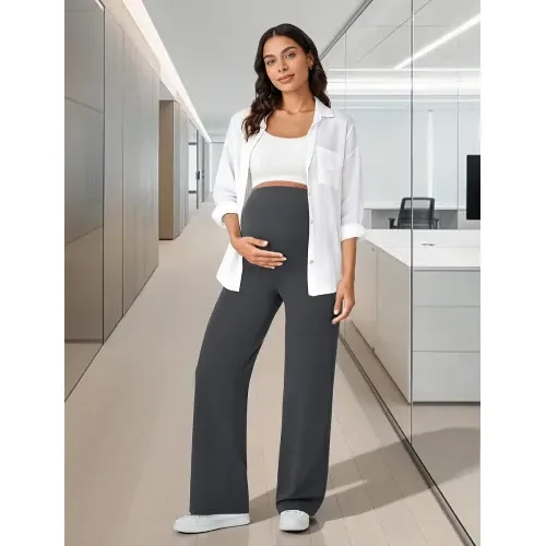 DLOODA High Waist Yoga Maternity Wide Leg Pants with Pockets, Grey, view 3