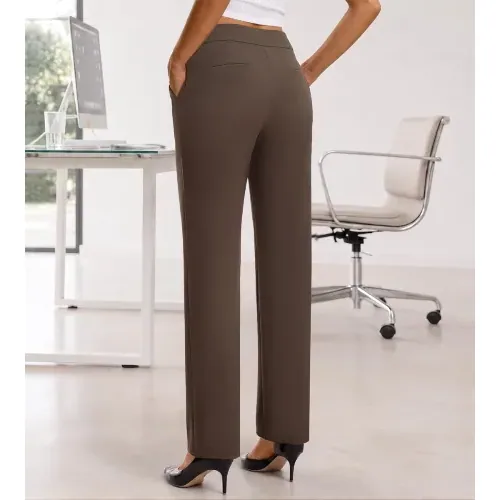 DLOODA High Waist Work Straight Leg Pants with Pockets, Brown, view 2