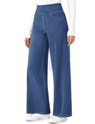 DLOODA High Waist Lounge Denim Wide Leg Jeans, Medium Blue
